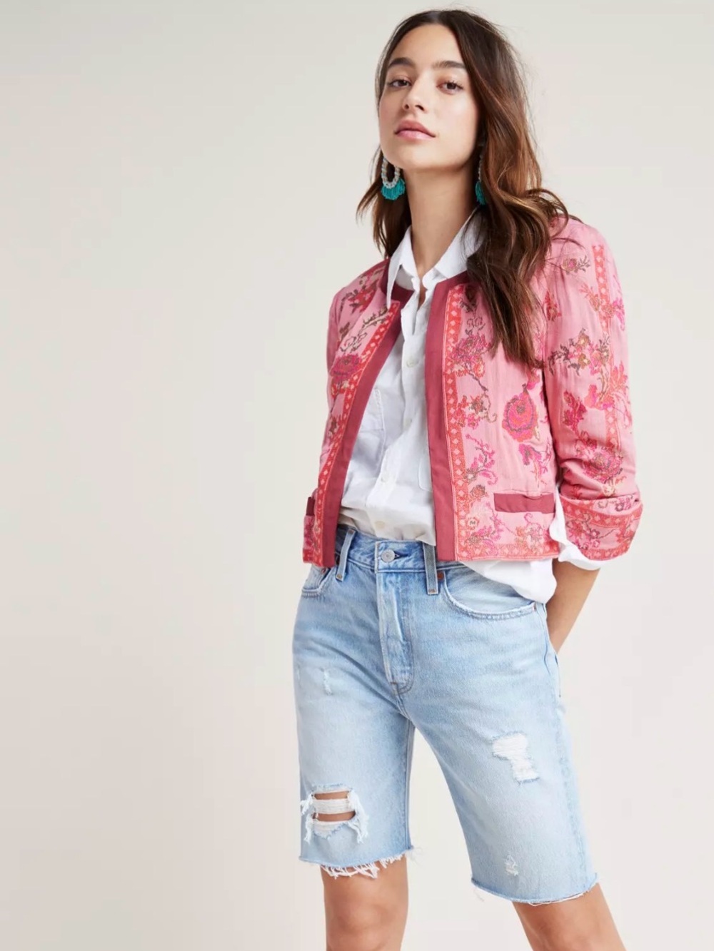 Anthropologie x Blank London Pink Embroidered Floral Open-Front Jacket